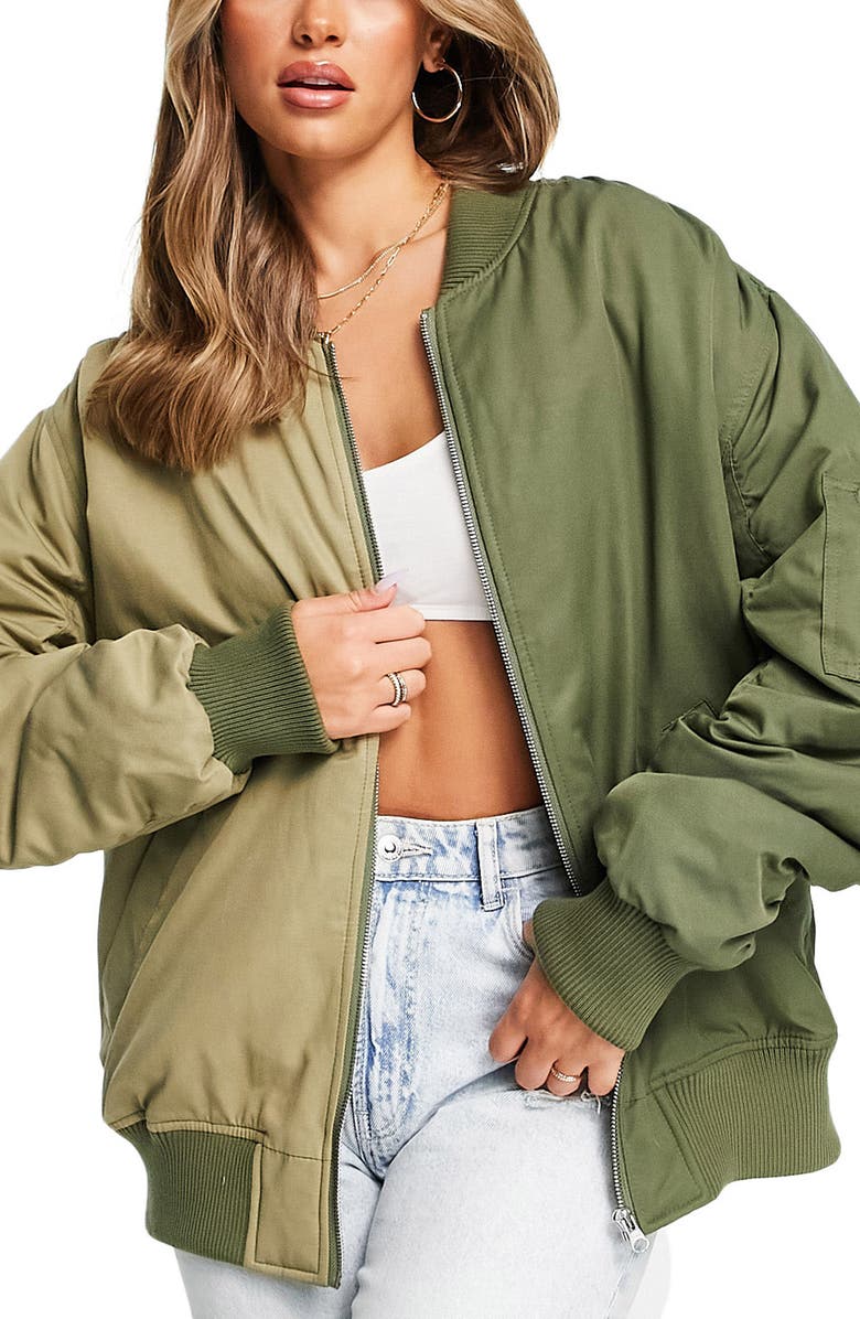Topshop Oversize Colorblock Bomber Jacket, Main, color,