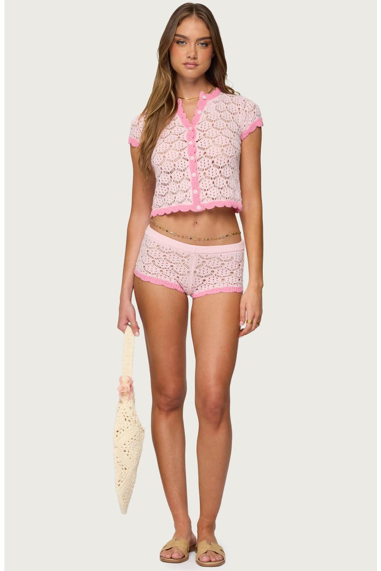 Elisa Open Knit Short Sleeve Cotton Crop Cardigan, Alternate, color, LIGHT-PINK