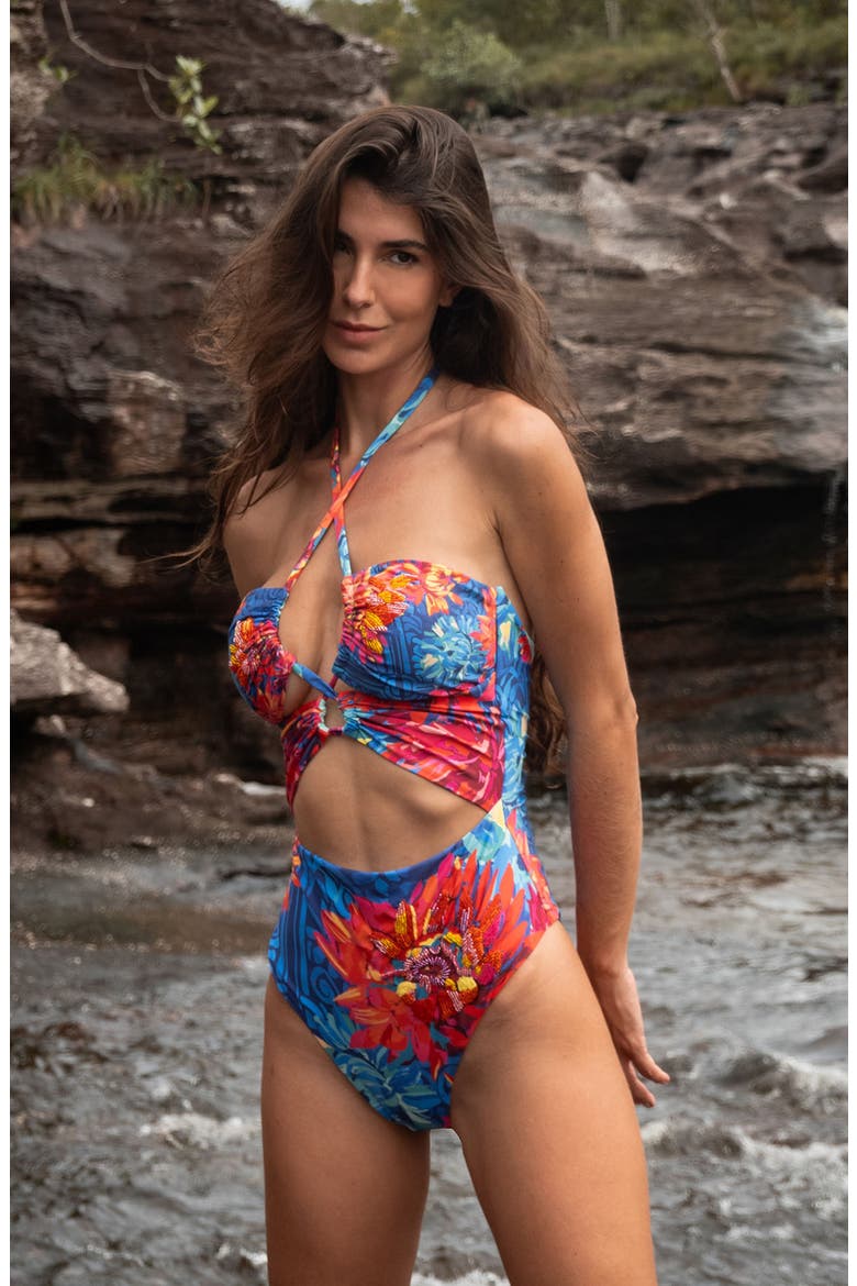 Beaded Lace-Up One-Piece Swimsuit, Alternate, color, BLUE MULTI