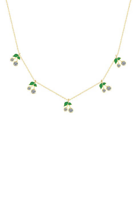 14K Gold Plated Sterling Silver CZ Cherries Station Necklace