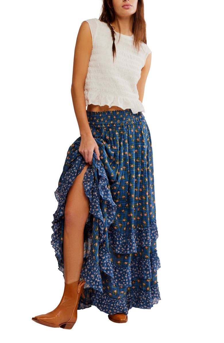 Free People Brynn Mixed Floral Tiered Cotton Blend Maxi Skirt, Alternate, color, Chambray Combo- Dits