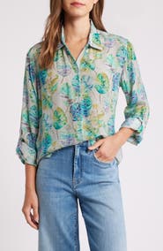 APNY Print Roll-Up Sleeve Chiffon Button-Up Shirt
