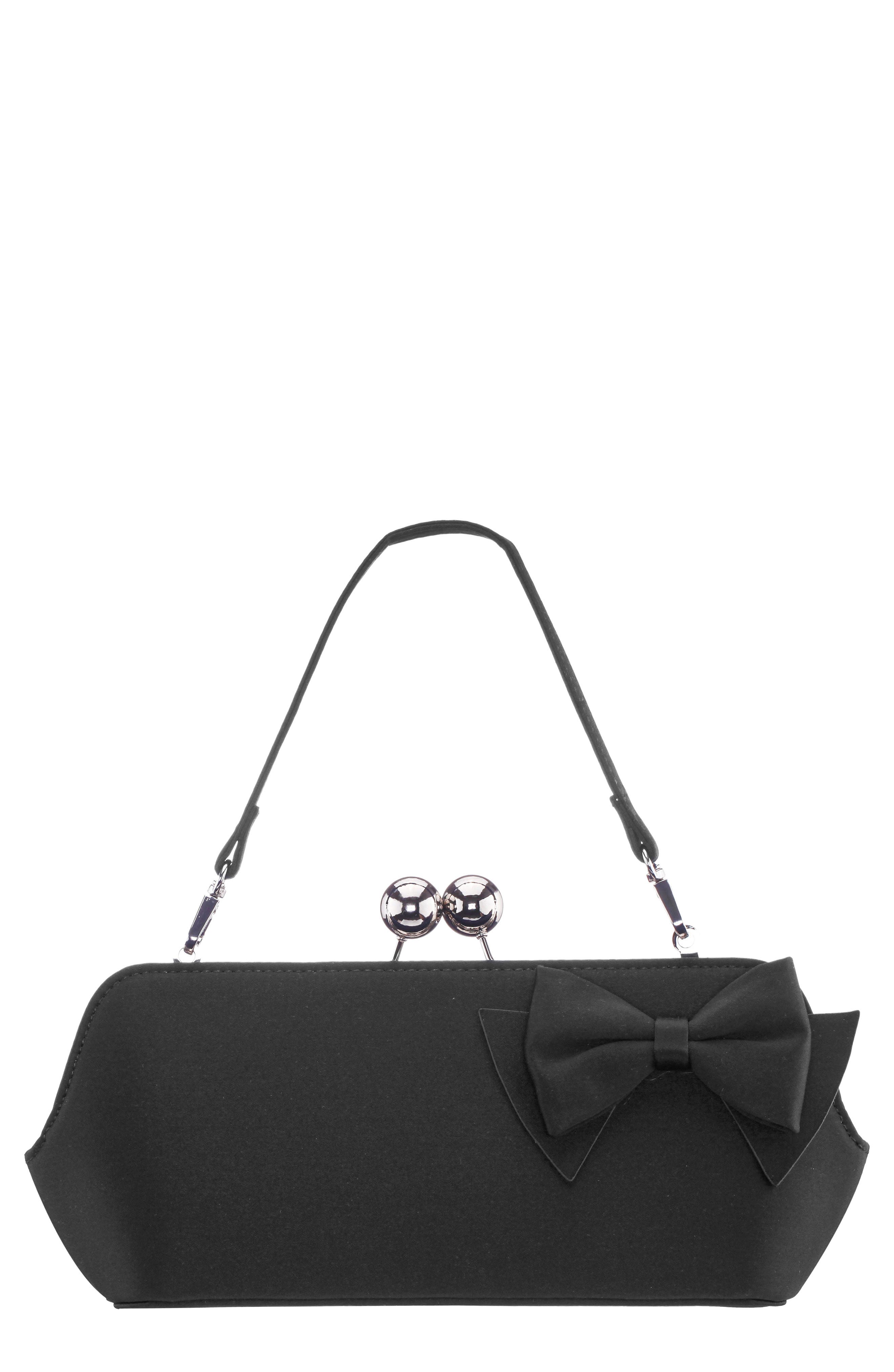 Kenji Bow Satin Clutch, Main, color, BLACK