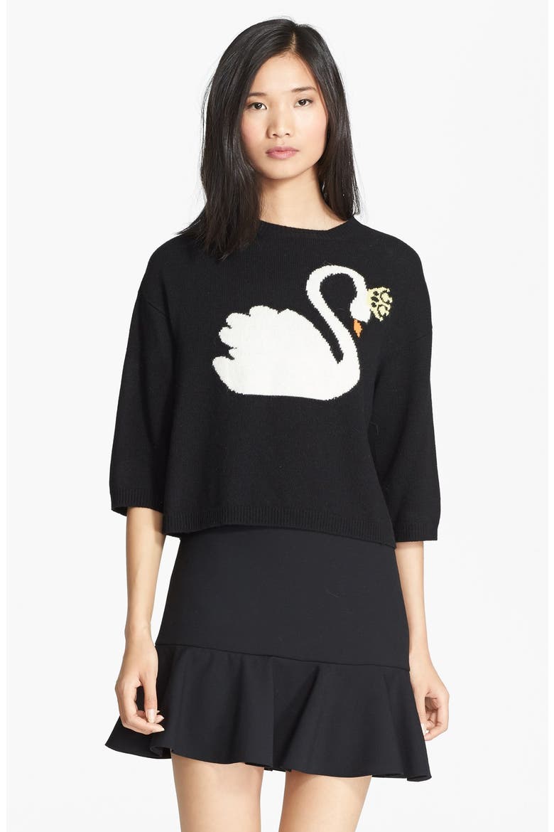 Swan Intarsia Knit Sweater, Main, color, BLACK