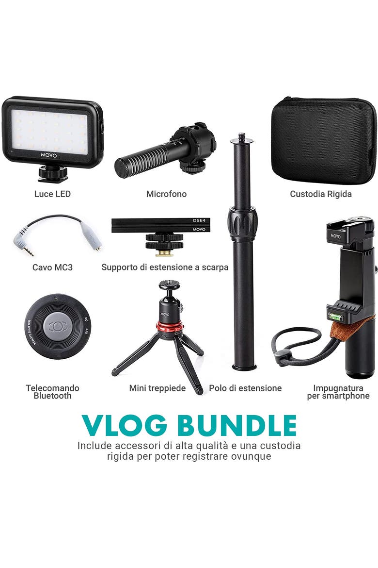 V7+ YouTube Starter Kit - Vlogging Kit for iPhone with Tripod, Grip, Stereo Microphone, LED Light and Remote, Alternate, color, Black