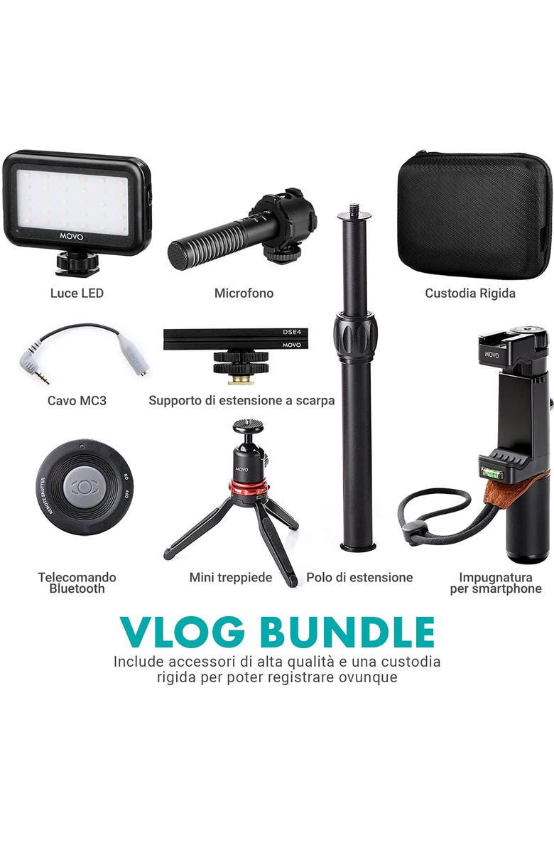 MOVO V7+ YouTube Starter Kit - Vlogging Kit for iPhone with Tripod, Grip, Stereo Microphone, LED Light and Remote, Alternate, color, Black