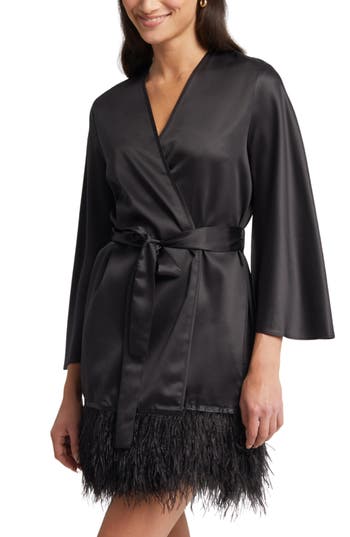 Rya Collection Swan Feather-hem Robe, Inclusive Sizing In Black