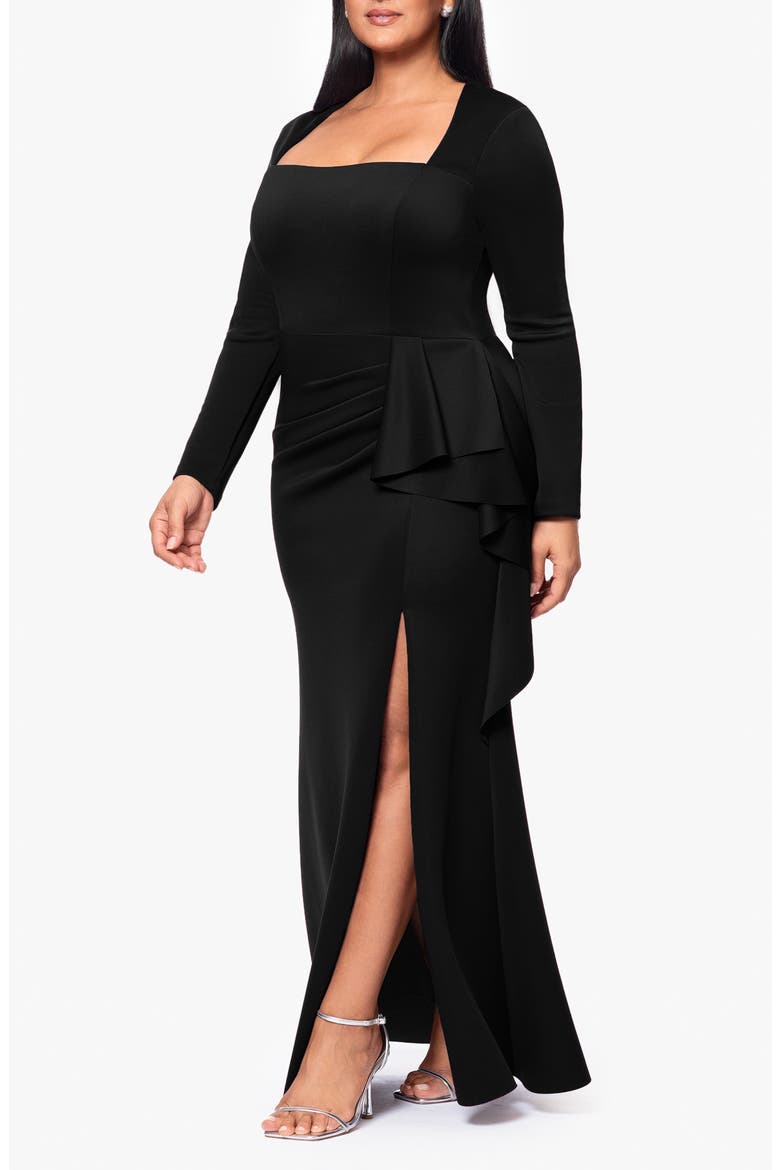 Side Ruffle Long Sleeve Scuba Knit Gown, Alternate, color, BLACK