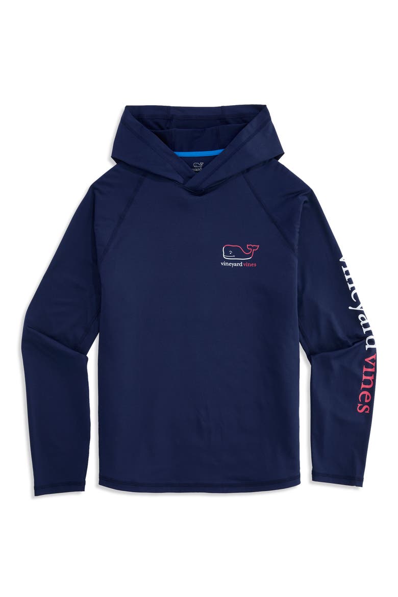 Burgee Whale Hooded Long Sleeve Performance T-Shirt, Main, color, NAUTICAL NAVY