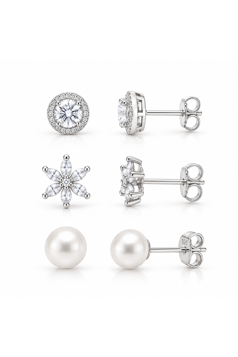 Set Of 3 Sterling Silver Halo Floral & Pearl Earring, Alternate, color, Silver