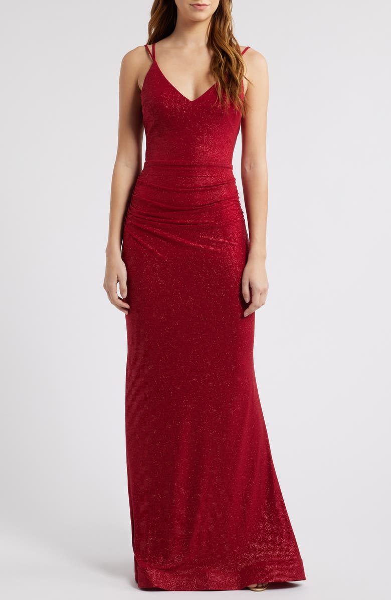 CITY STUDIO Glitter Strappy Horsehair Hem Gown, Main, color, Red