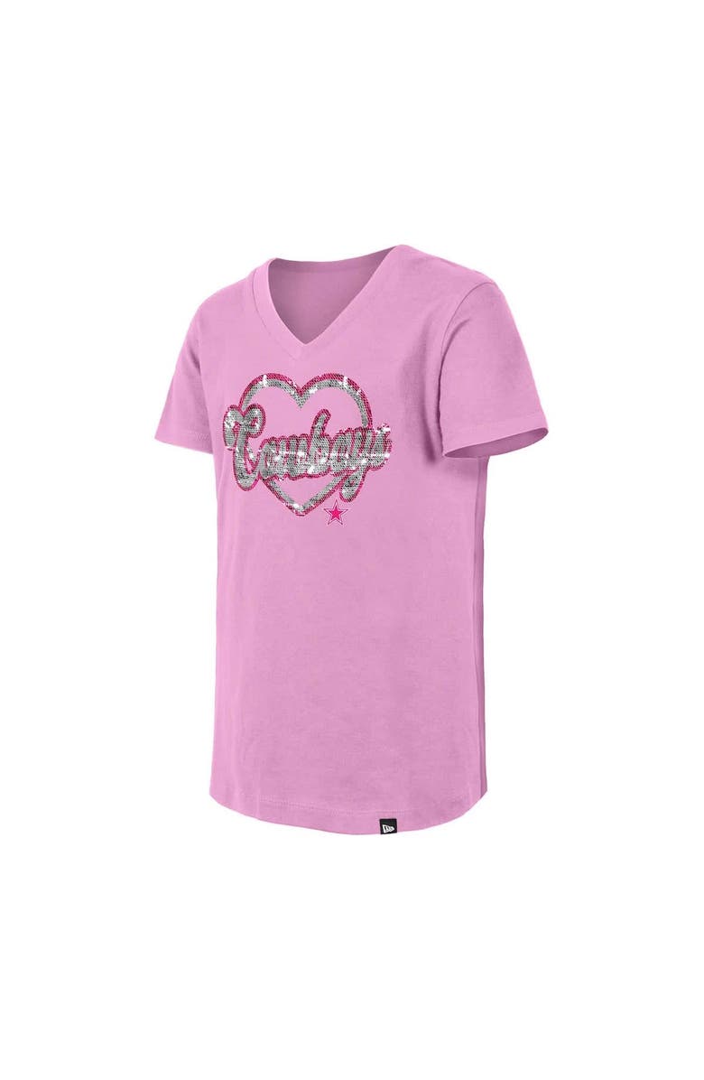 New Era Girls Youth New Era Pink Dallas Cowboys Flip Sequins V-Neck T-Shirt, Alternate, color, Pink