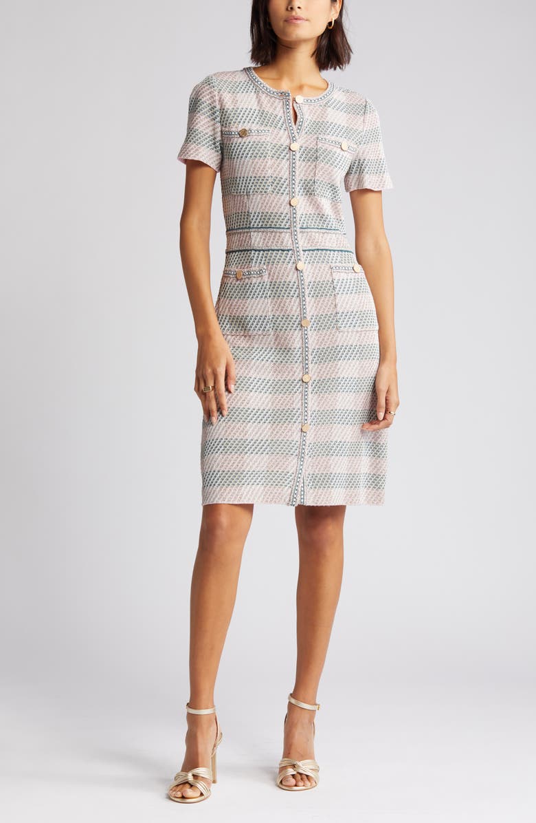 Misook Bold Plaid Knit Sheath Dress, Alternate, color, Rose Pet/Macc/Spr/Biscotti/Wht