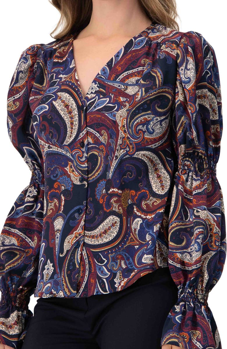 IVONNE V-Neck Printed Shirt With Smocked Sleeves, Alternate, color, Multi-Brown