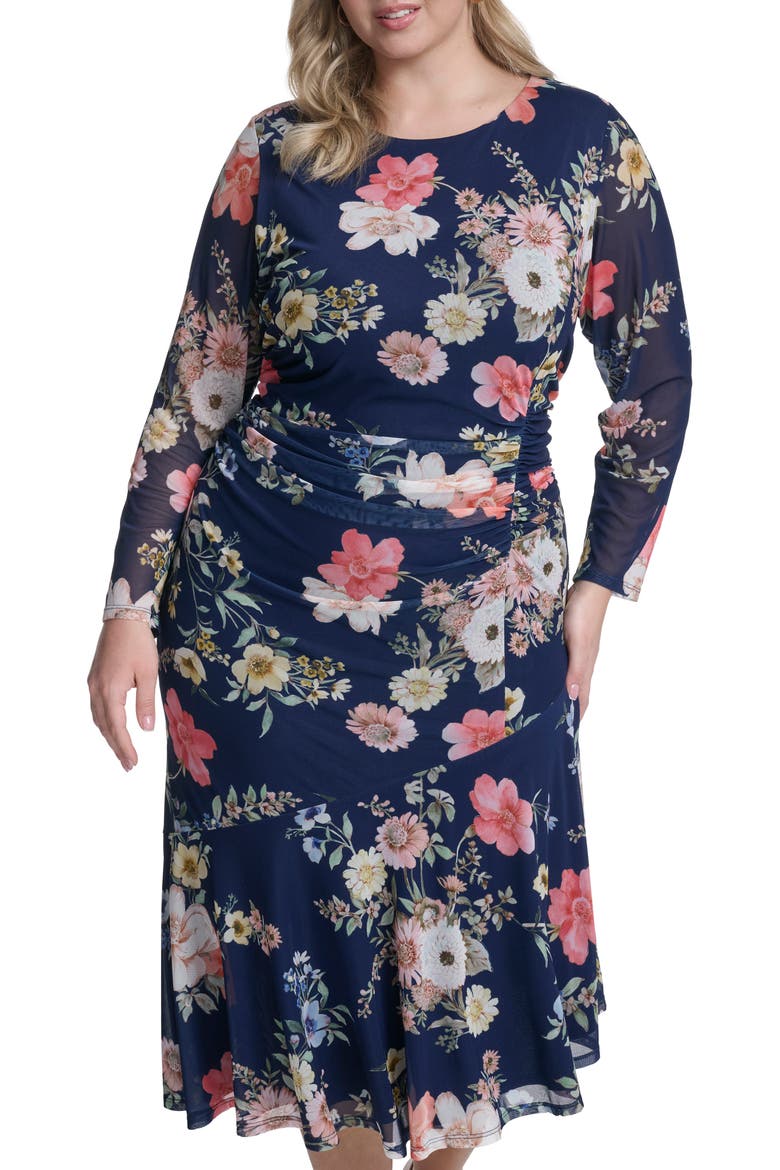 Long Sleeve Mesh Body-Con Midi Dress, Alternate, color, NAVY MULTI