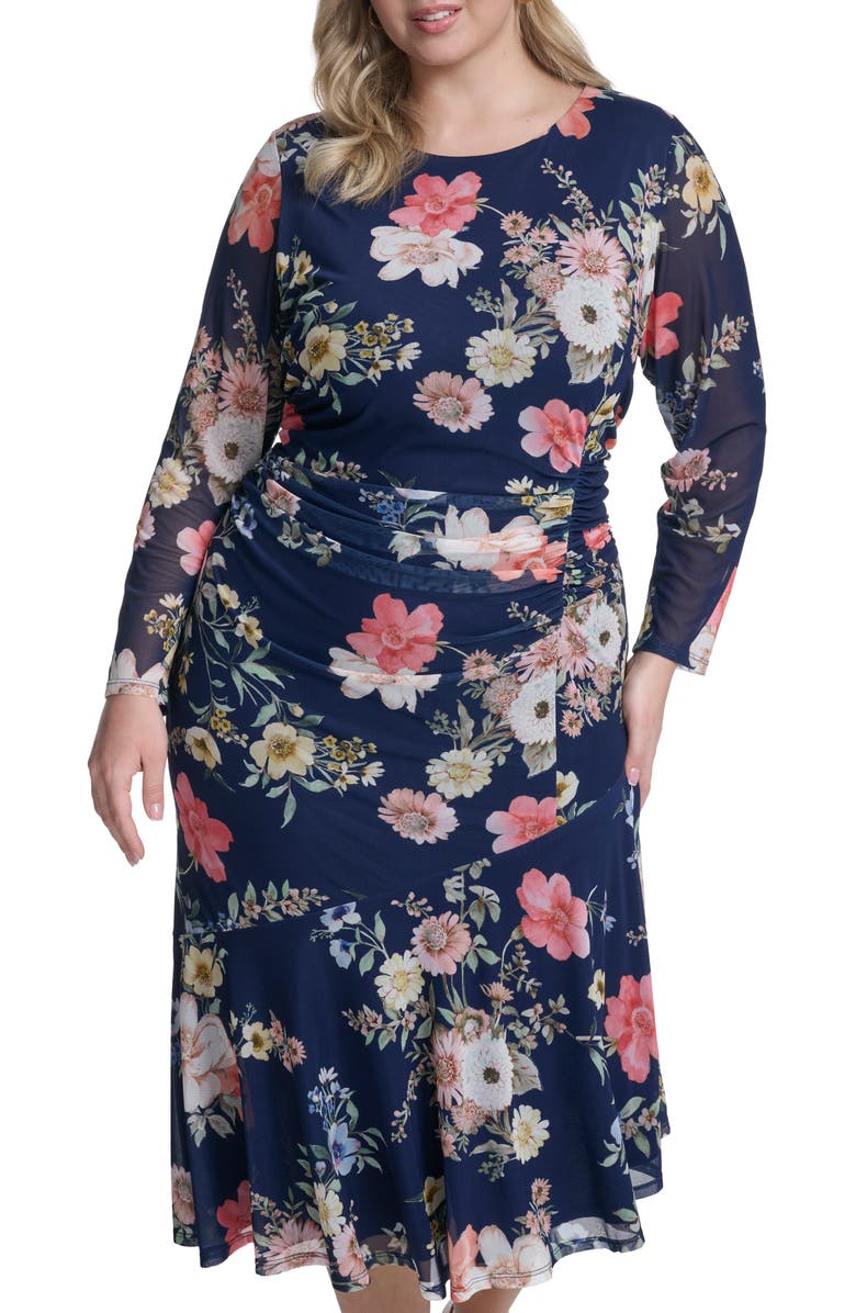 Vince Camuto Long Sleeve Mesh Body-Con Midi Dress, Alternate, color, Navy Multi