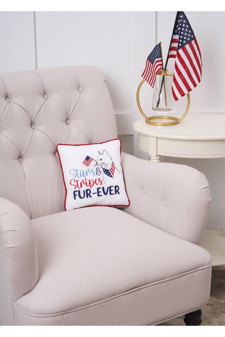 Patriotic Stars & Stripes Fur-Ever Cat Mini Embroidered Accent Pillow, 10" x 10", Alternate, color, White