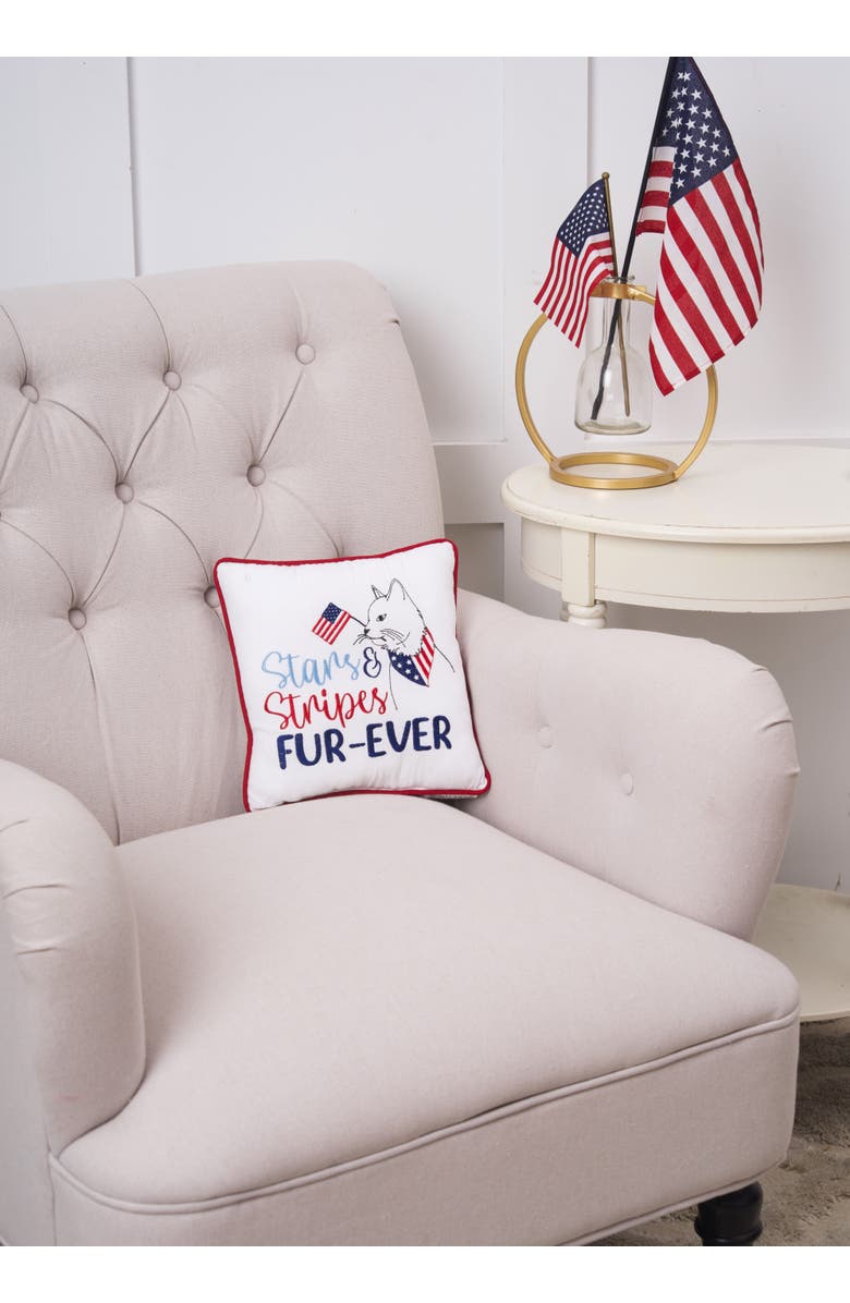 C&F Home Patriotic Stars & Stripes Fur-Ever Cat Mini Embroidered Accent Pillow, 10" x 10", Alternate, color, White