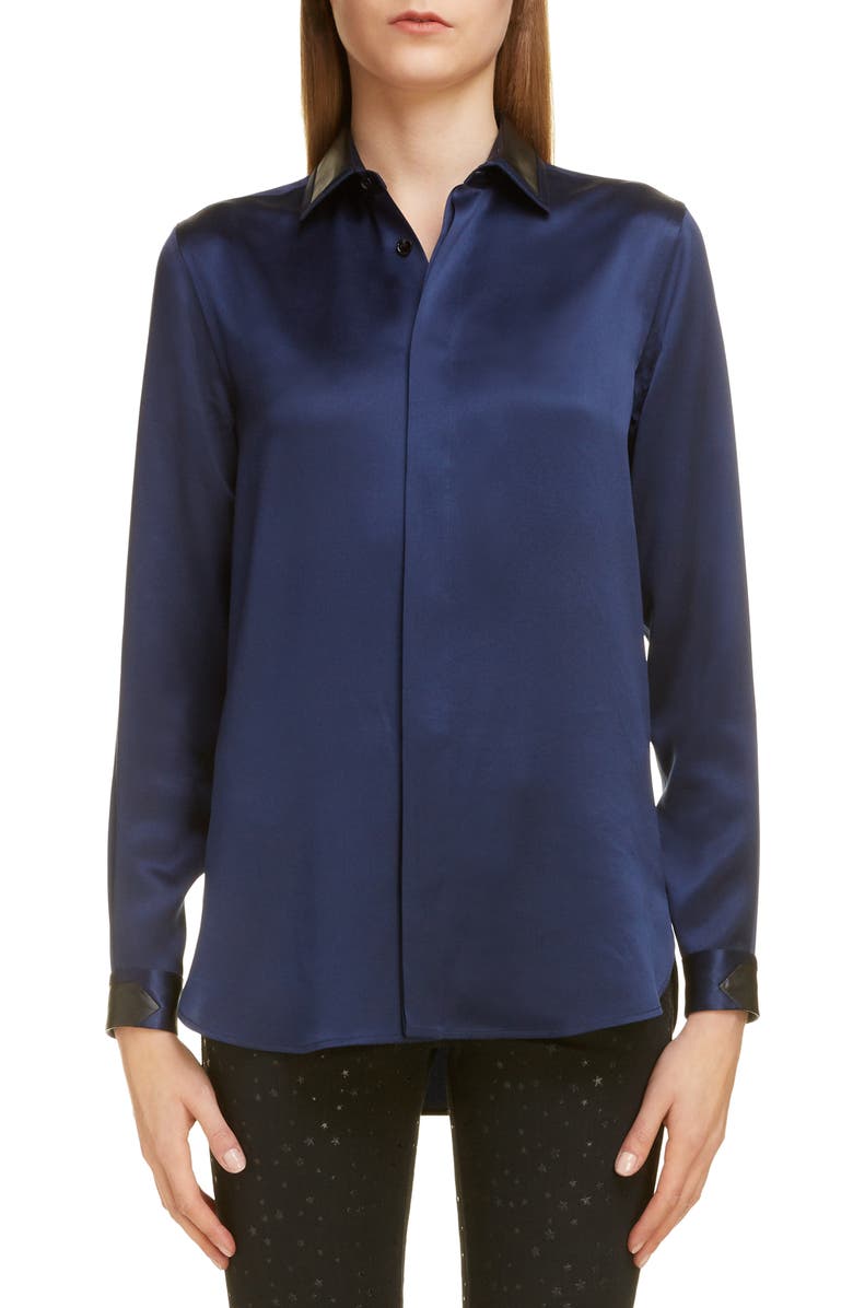 Saint Laurent Leather Collar Silk Shirt, Main, color,