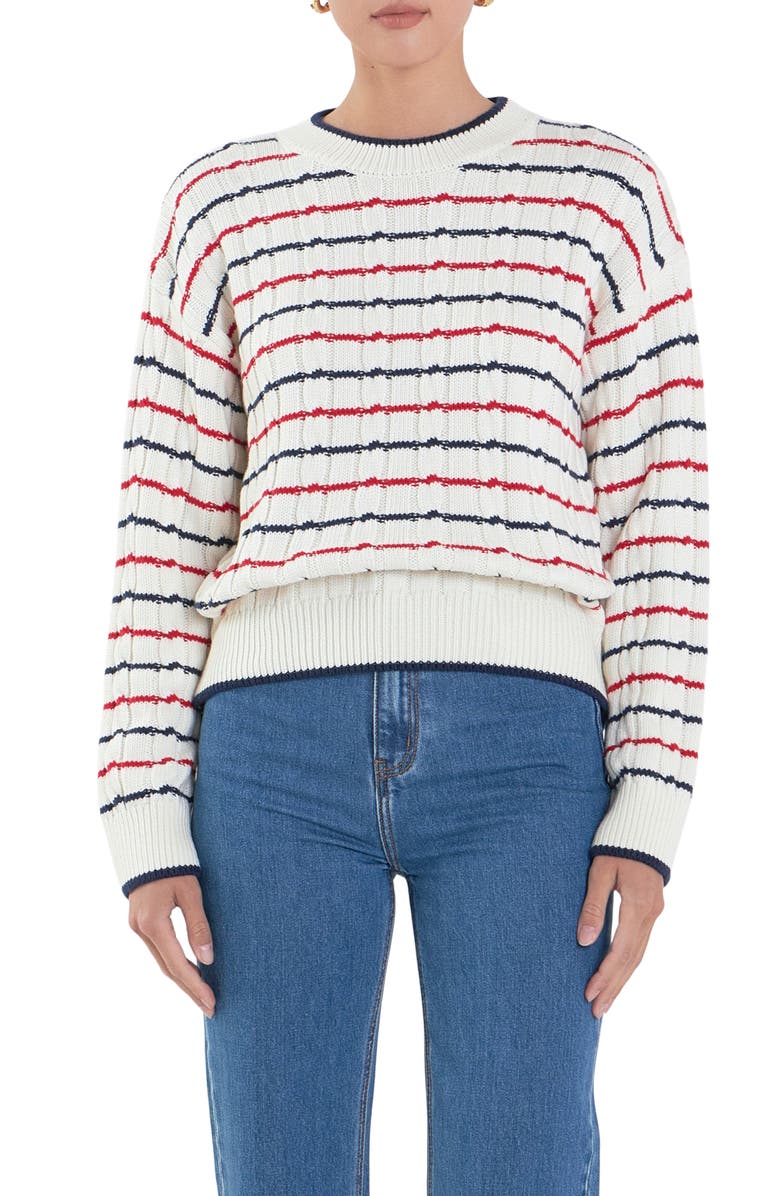 English Factory Stripe Cable Stitch Sweater, Main, color, Off White