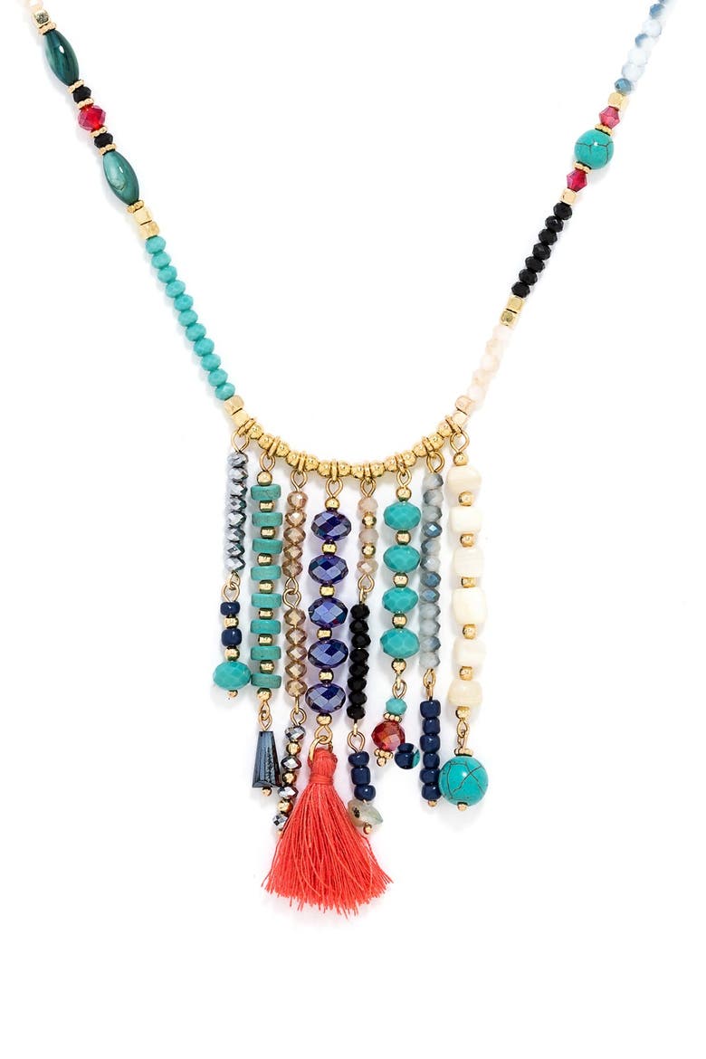 'Congo' Beaded Tassel Necklace, Alternate, color, TURQUOISE/ GOLD