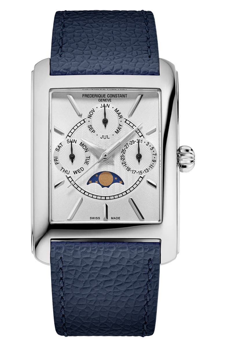 FREDERIQUE CONSTANT Classic Carrée Moonphase Leather Strap Watch, 42.3mm x 30mm, Main, color, Blue