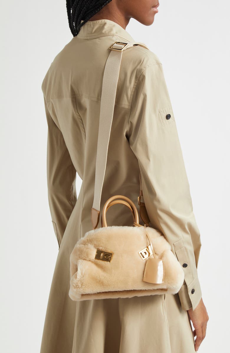 FERRAGAMO Mini Hug Genuine Shearling Top Handle Bag, Alternate, color, Naturale/ Camel