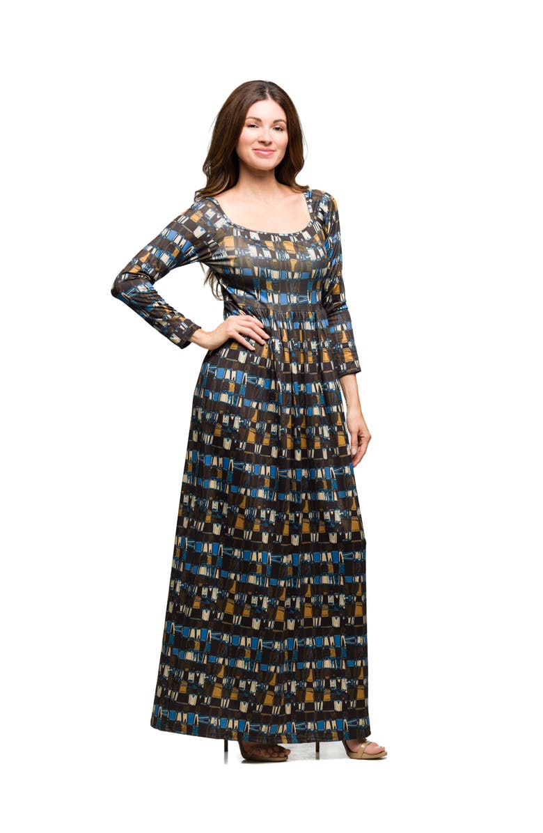 24seven Comfort Apparel Geometric Print Long Sleeve Empire Waist Maxi Dress, Alternate, color, Brown Multi