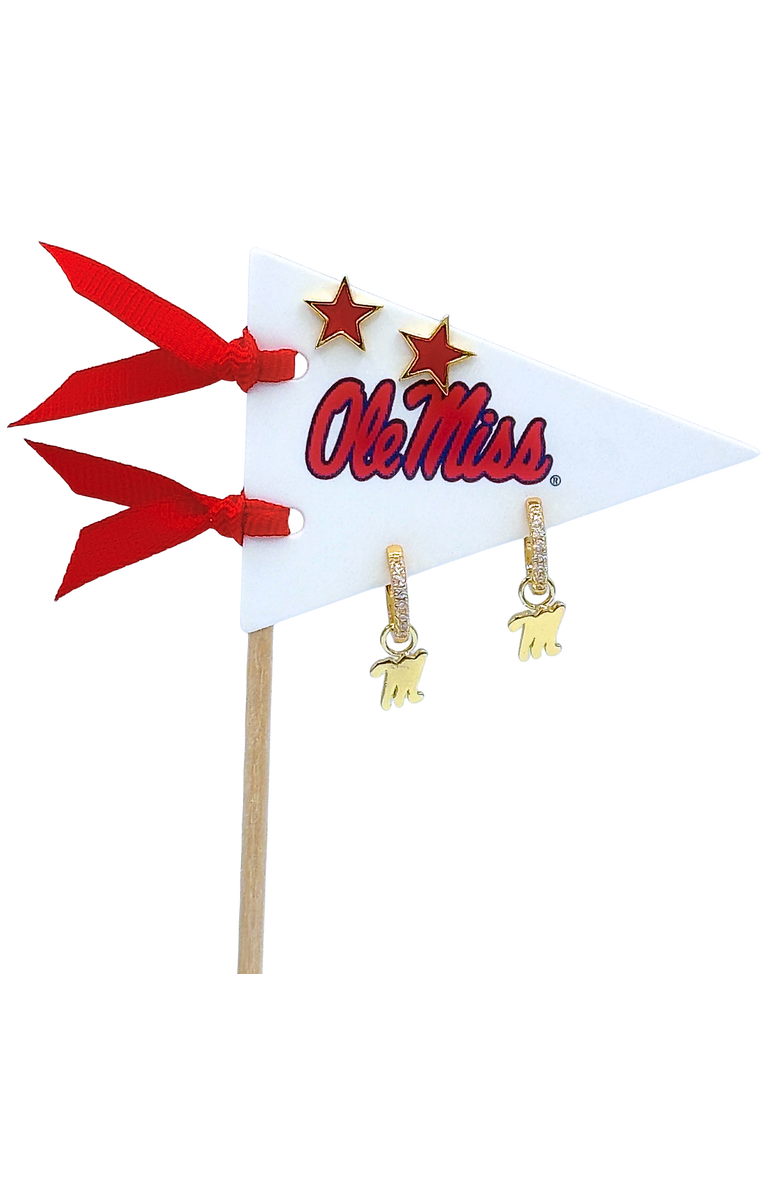 Color Shout University Of Mississippi Pennant Pair Earring Set, Main, color, Yellow Gold