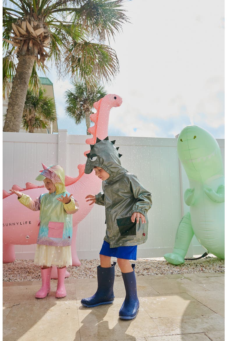 Kids' Dino Sparkle Water Resistant Hooded Raincoat, Alternate, color, GREEN