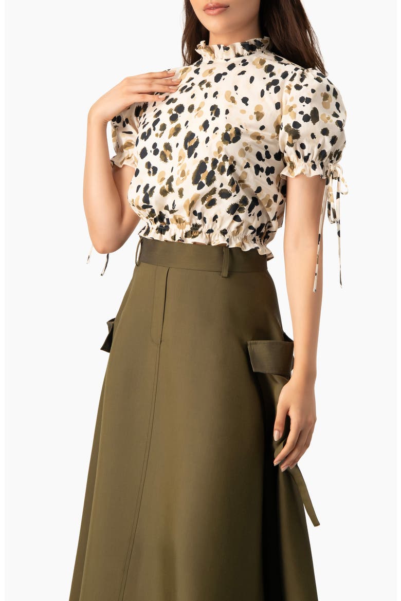 Abstract Animal Print Crop Blouse, Puff Sleeve Ruffle Neck Top, Alternate, color, Olive Green