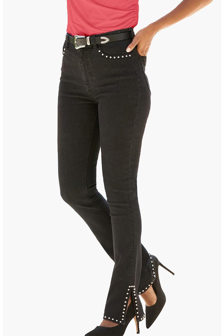 Embellished Split Hem Jeans, Main, color, Black Wash