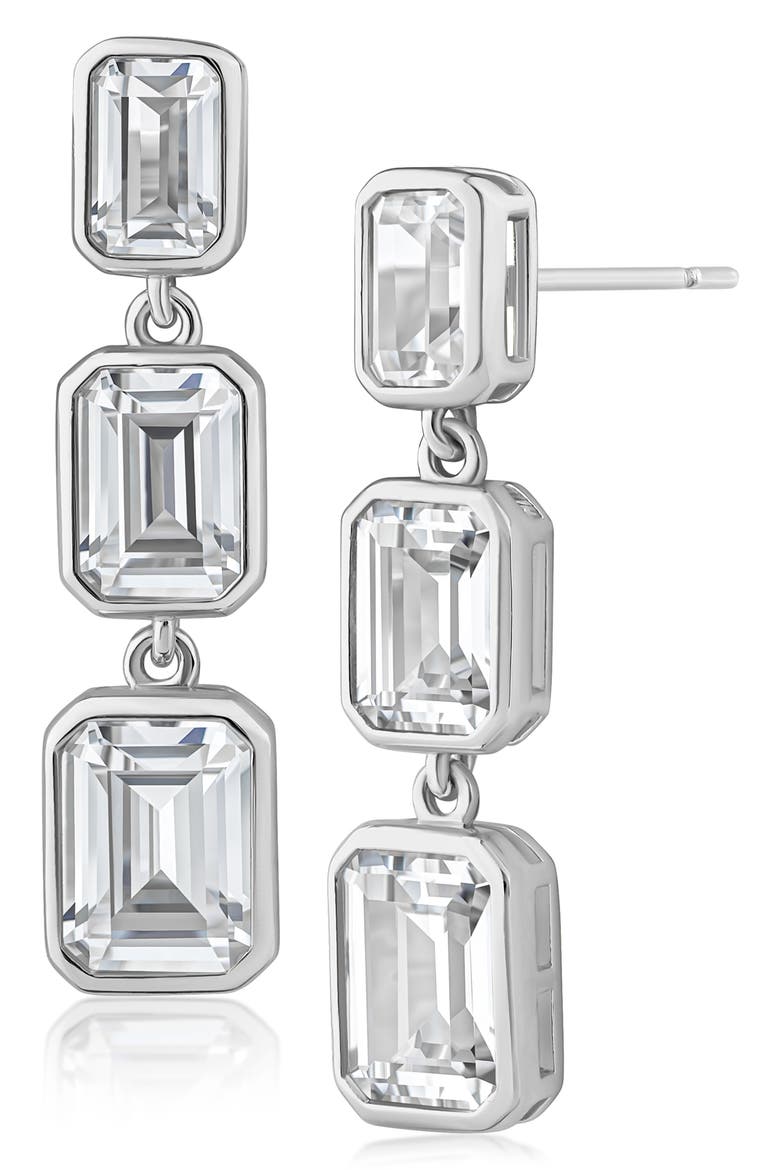 Emerald Bezel Drop Earrings, Main, color, CLEAR/SILVER