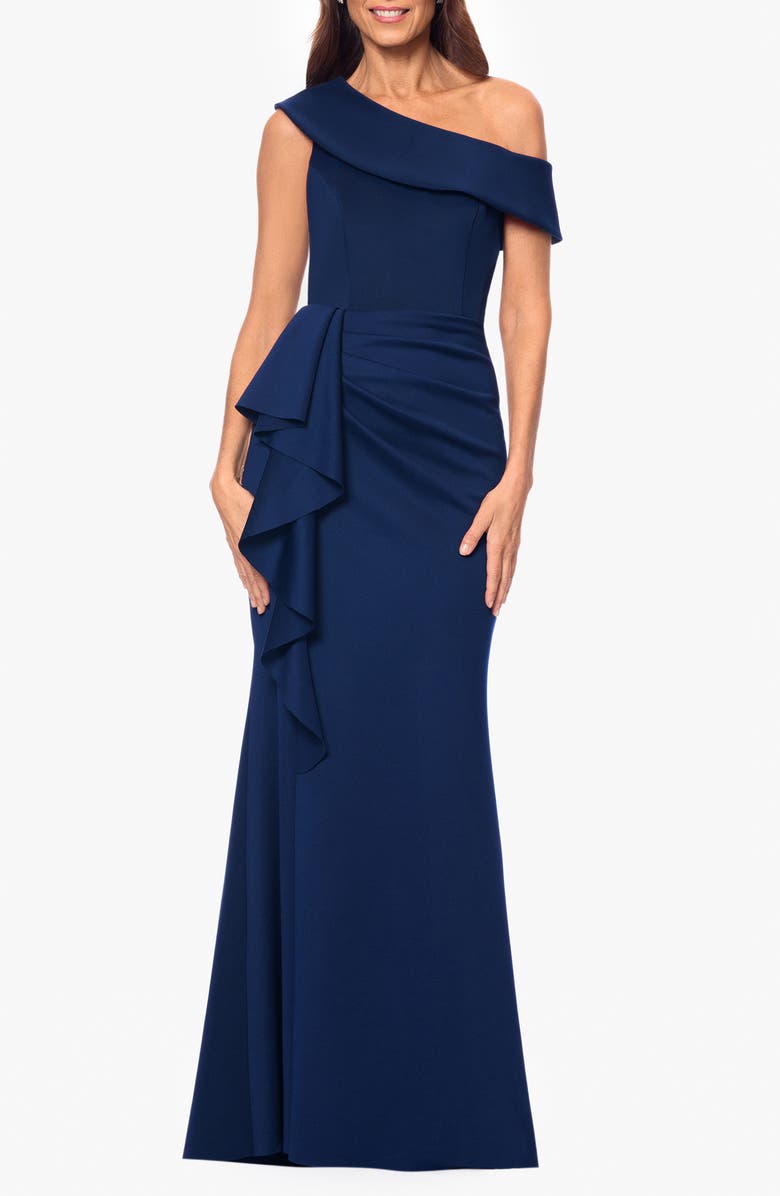 Ruffle One-Shoulder Scuba Knit Gown