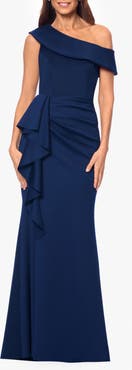 Xscape Evenings Ruffle One-Shoulder Scuba Knit Gown