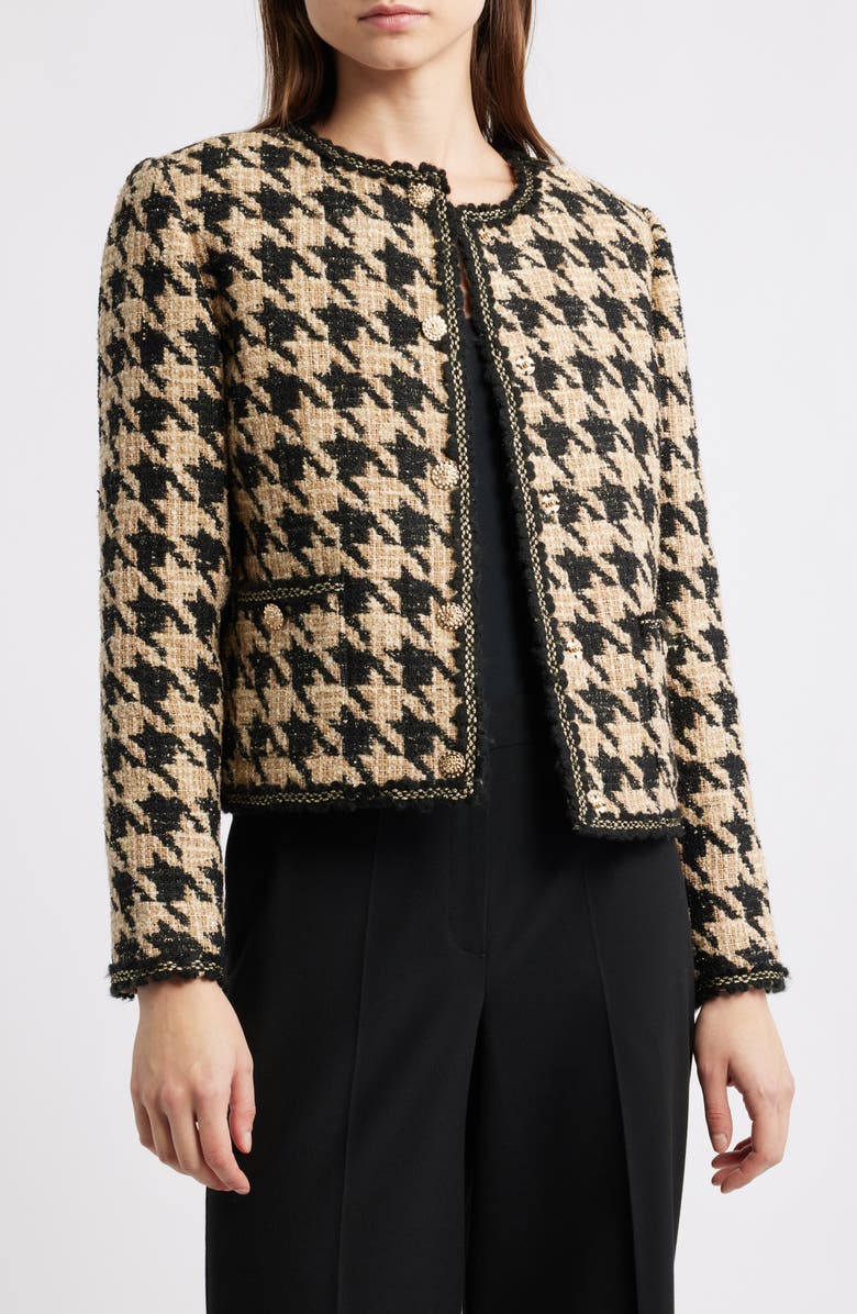Elie Tahari The Juno Metallic Houndstooth Jacket, Main, color, Brown Houndstooth
