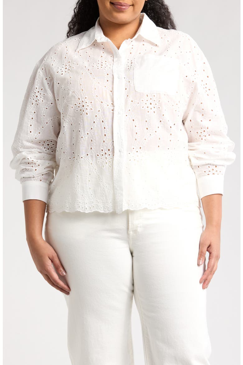 Embroidered Eyelet Long Sleeve Button-Up Shirt, Main, color, WHITE