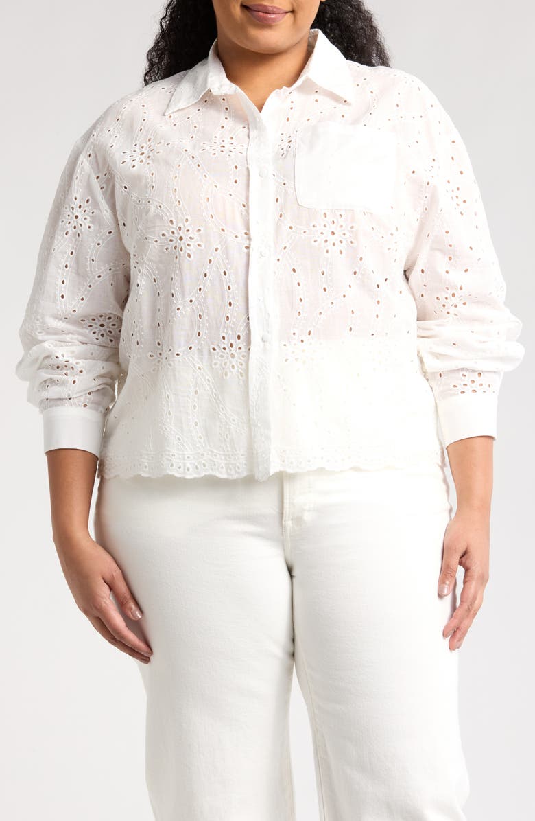 Forgotten Grace Embroidered Eyelet Long Sleeve Button-Up Shirt, Main, color, White