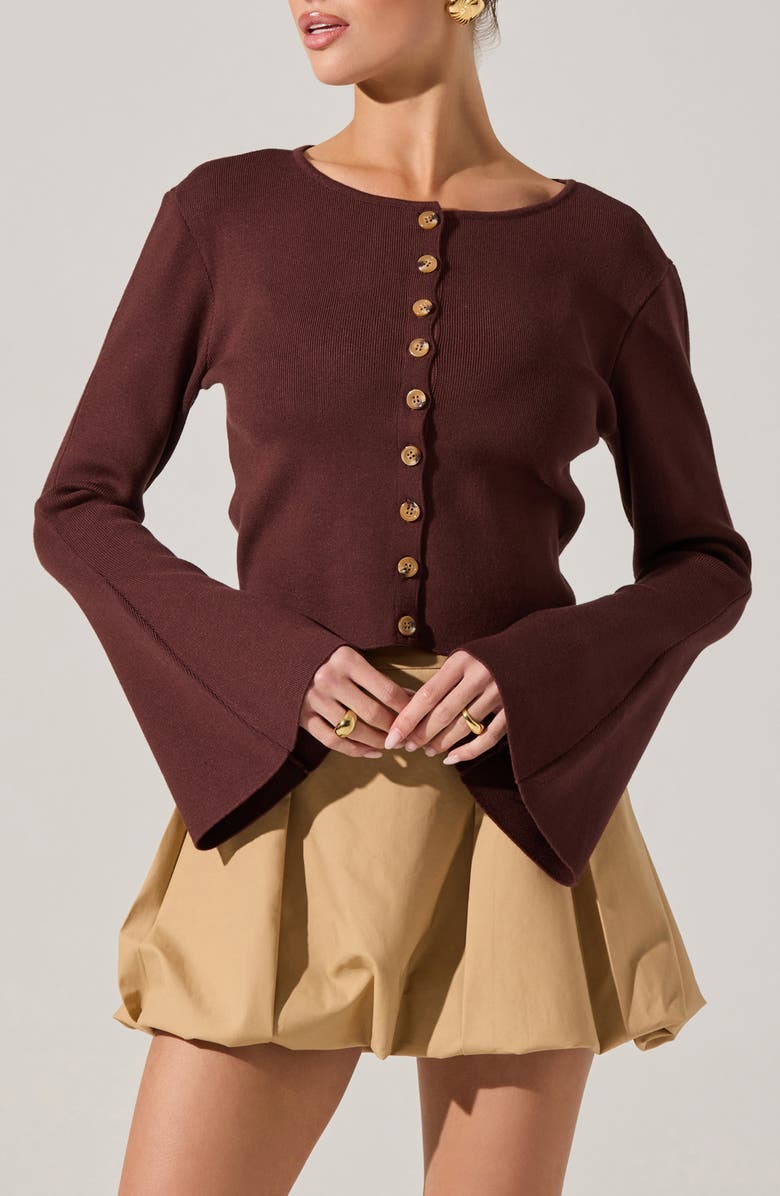 ASTR the Label Nylah Flare Sleeve Cardigan, Main, color, Brown