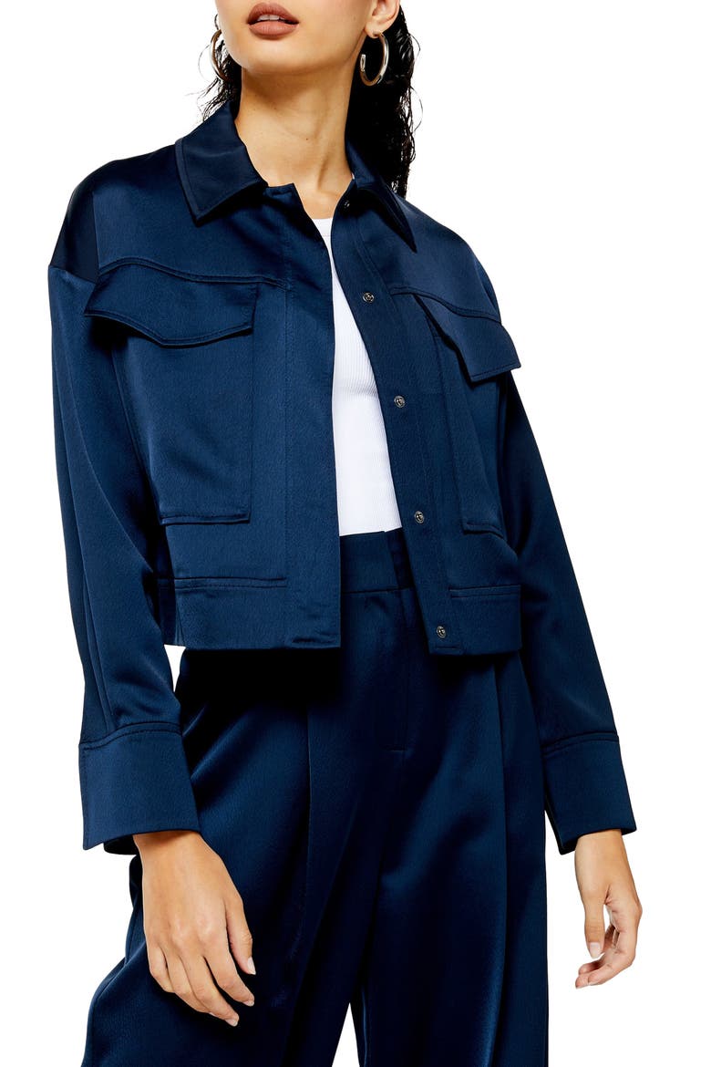 Cropped Satin Utility Jacket, Main, color, NAVY BLUE