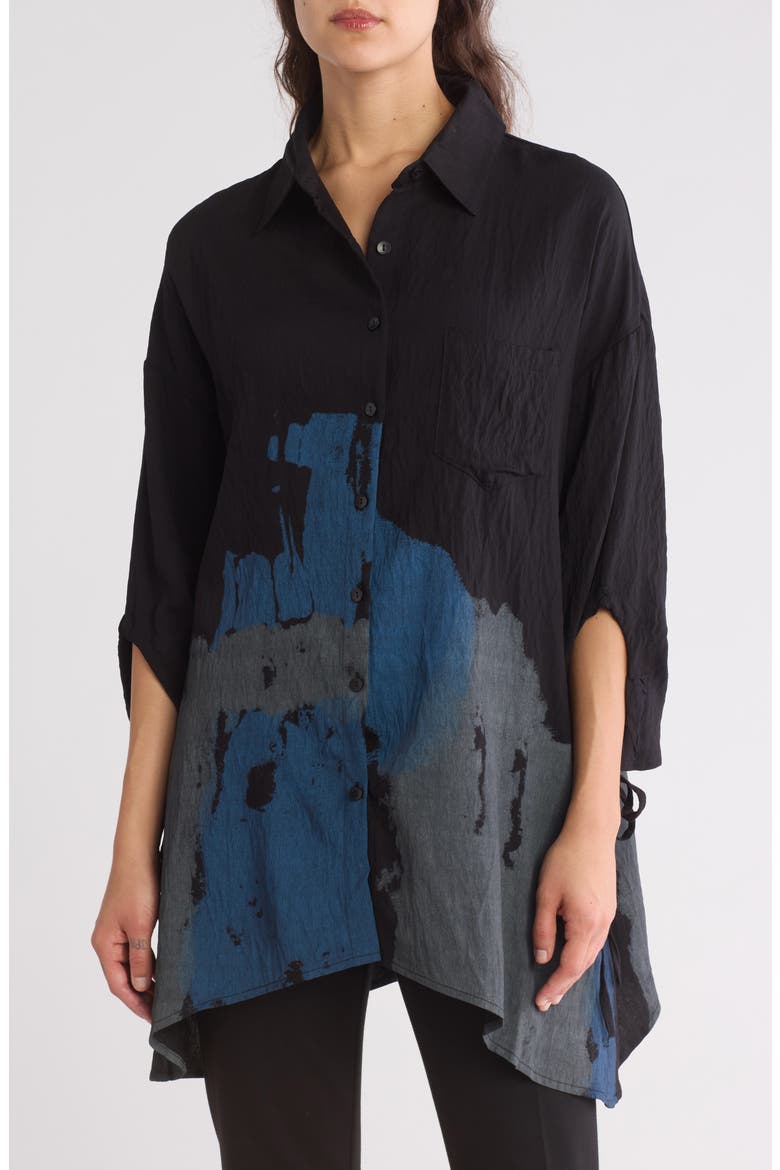 Printed Button-Up Tunic Shirt, Main, color, BLACK