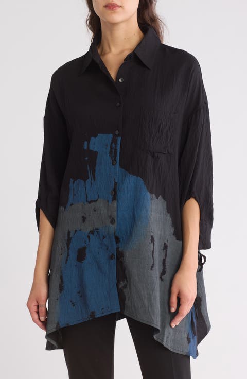 Printed Button-Up Tunic Shirt