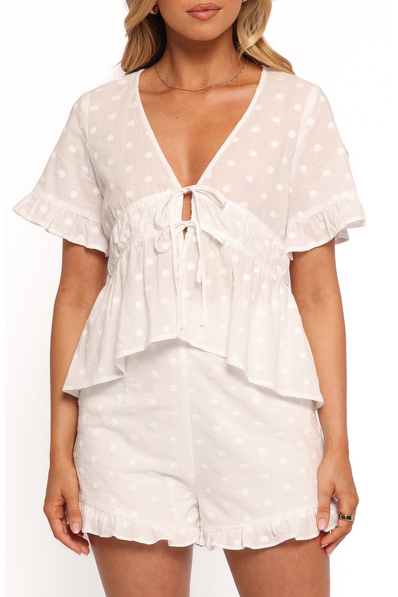 Carlen Clip Dot Tie Front Cotton Shorts, Main, color, WHITE
