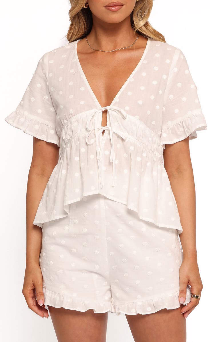 Petal & Pup Carlen Clip Dot Tie Front Cotton Shorts, Main, color, White