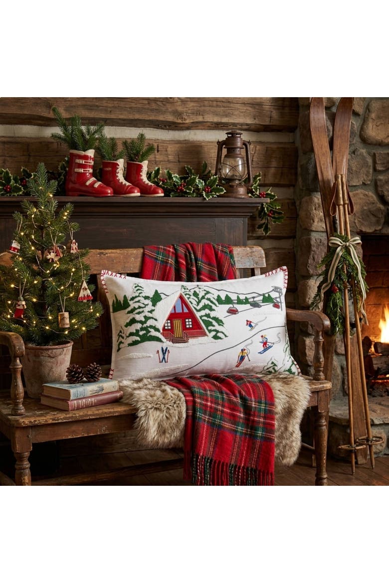 Alpine Winter Ski Cabin Lodge Hooked Christmas Throw Pillow 14" x 22", Alternate, color, Red