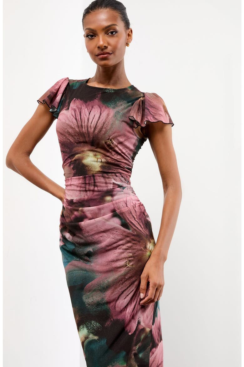 Printed Ruched Mesh Body-Con Midi Dress, Alternate, color, PURPLE/ BLACK