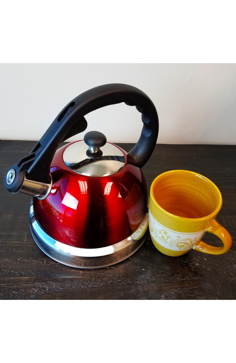 MR COFFEE Claale 2.2 Quart Stainless Steel Whistling Tea Kettle with Nylon Handle, Alternate, color, Red