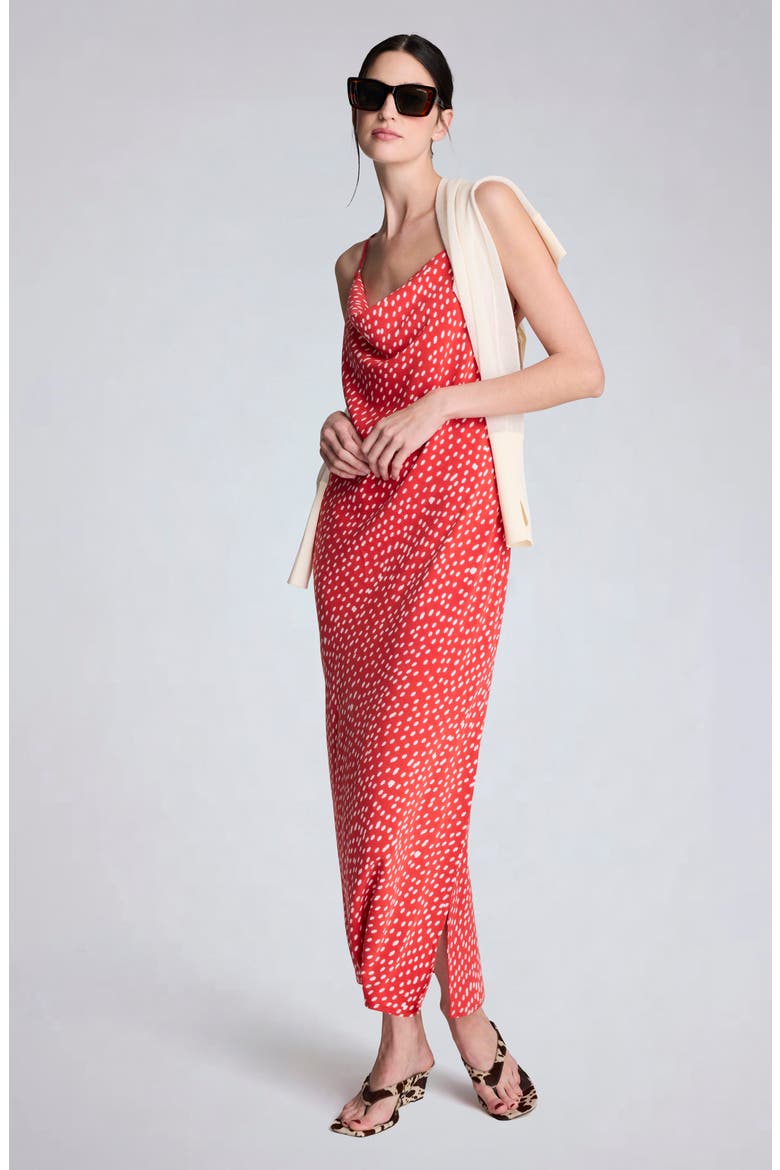 Polka Dot Satin Cowl Neck Slip Dress, Alternate, color, LAVA RED/ OYSTER