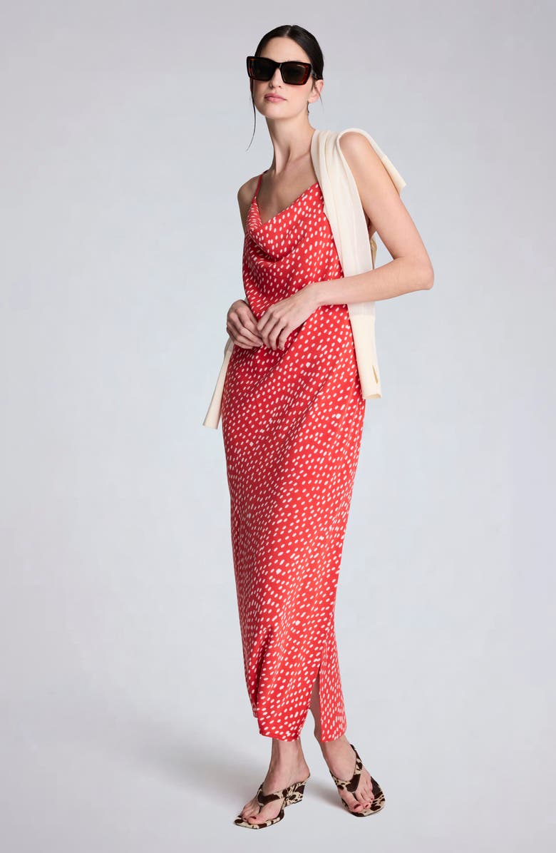 Kenneth Cole Polka Dot Satin Cowl Neck Slip Dress, Alternate, color, Lava Red/ Oyster