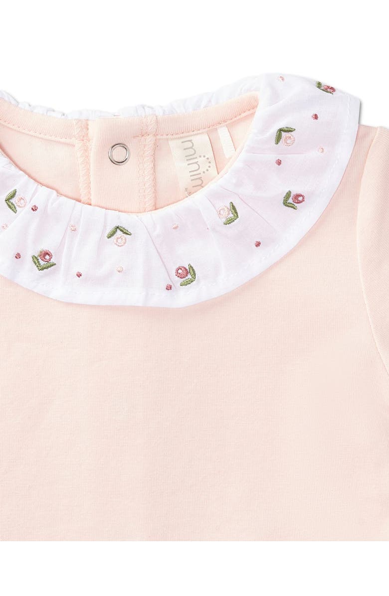 MiniMoi Embroidered Flower Ruffle-Collar Cotton Rich Footie, Alternate, color, Soft Pink